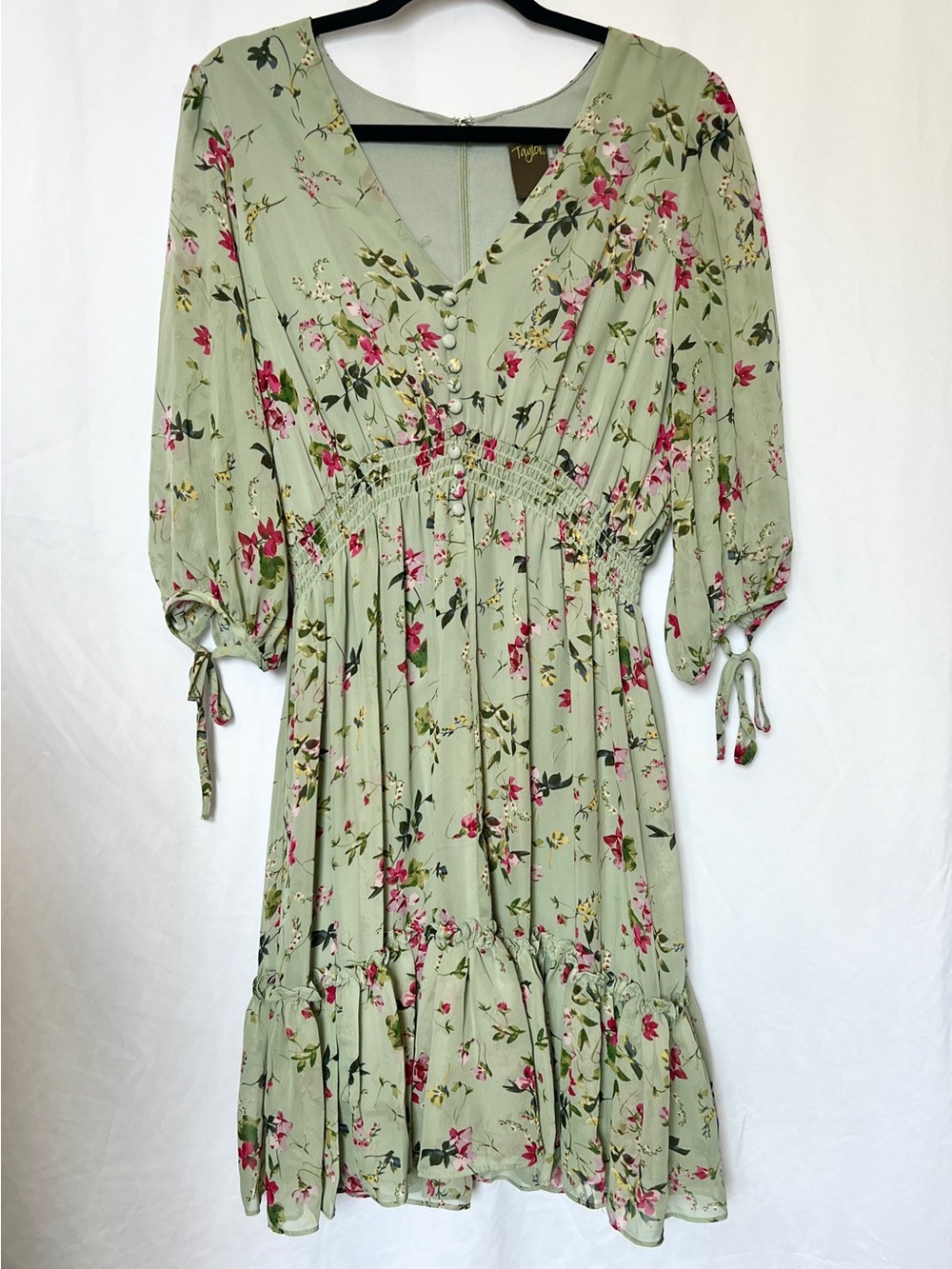 Taylor Sage Green Floral V-Neck Smocked Midi Dress
